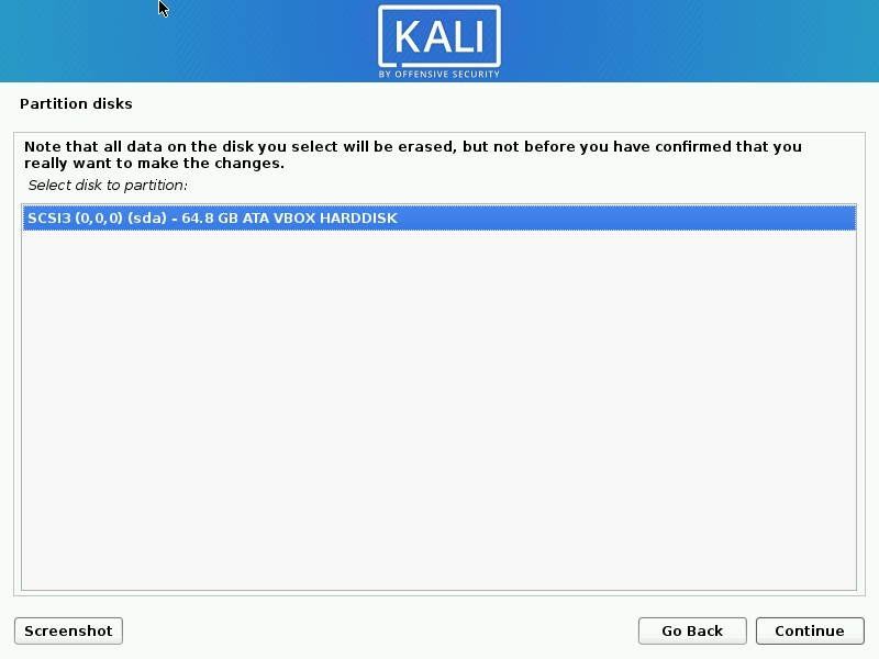 Install Kali Linux  - Select Disk to Partition Screenshot