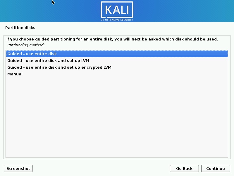 Install Kali Linux  – Select Disk to Partition Screenshot