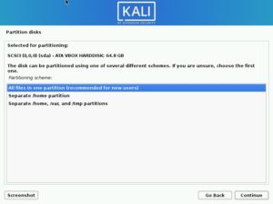 Install Kali Linux – Disk Partitioning Scheme Screenshot