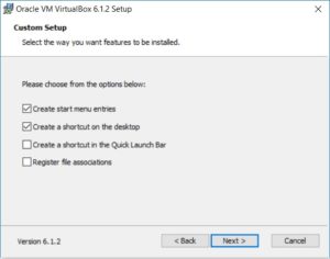 VirtualBox Installation – Custom Setup – Select feature to Install Dialog box screenshot