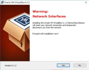 VirtualBox Installation – Network Interface warning dialog box screenshot