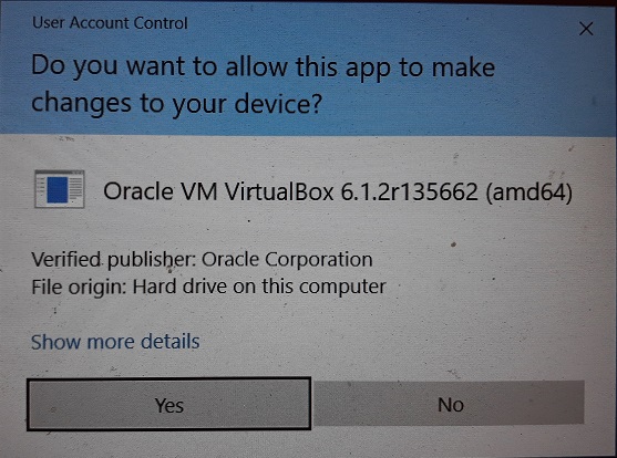 VirtualBox Installation - Windows User Account Control warning screenshot