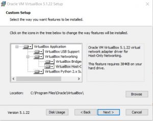 VirtualBox Installation - Custom setup dialog box screenshot