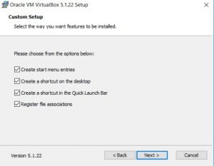 VirtualBox Installation - Custom Setup - Select feature to Install Dialog box screenshot