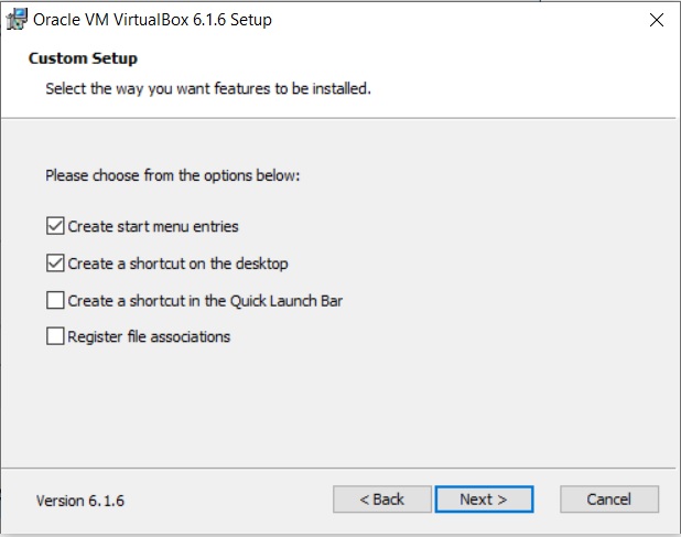 VirtualBox Installation – Custom Setup – Select feature to Install