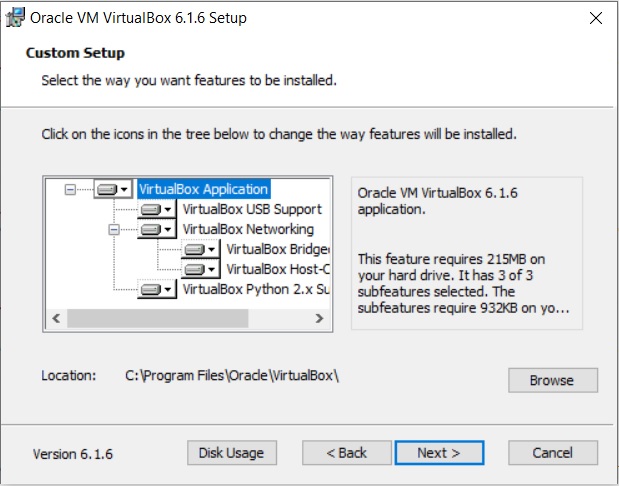 VirtualBox Installation – Custom setup dialog box screenshot