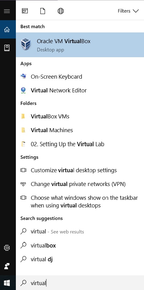 VirtualBox Windows start menu search screenshot