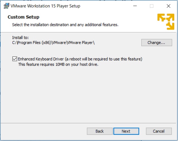 VMware Player 15 Installation - Custom Setup - Enhanced Keyboard Driver