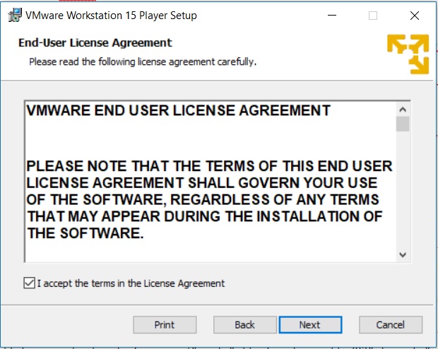 VMware Player 15 Installation - End User Agreement