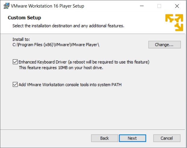 VMware Player 16 Installation - Custom Setup 