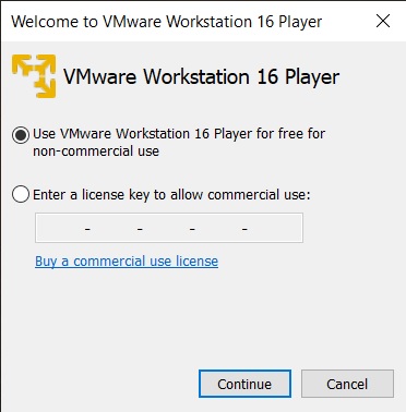 VMware Player 16 Installation - License