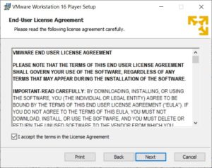 VMware Player 16 Installation - End User Agreement