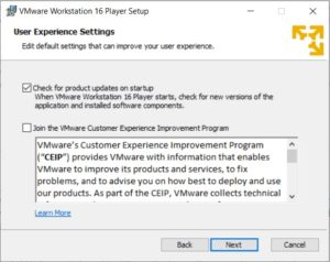 VMware Player 16 Installation - User Experience Settings