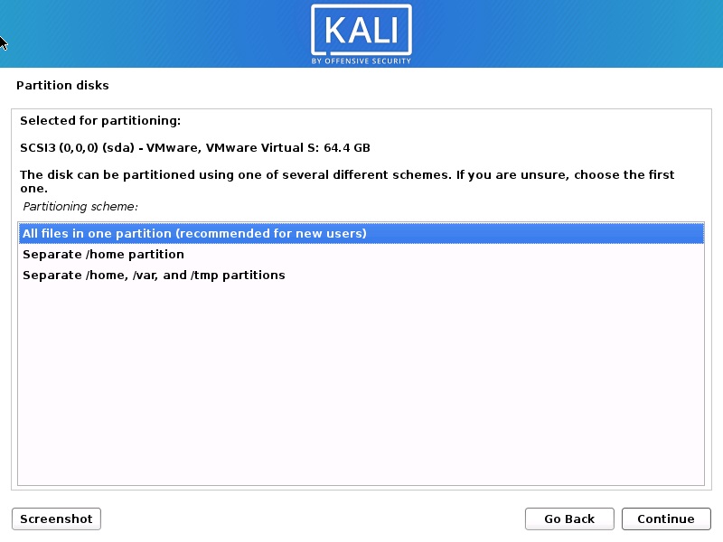 Install Kali Linux 2020 – Disk Partitioning Scheme Screenshot