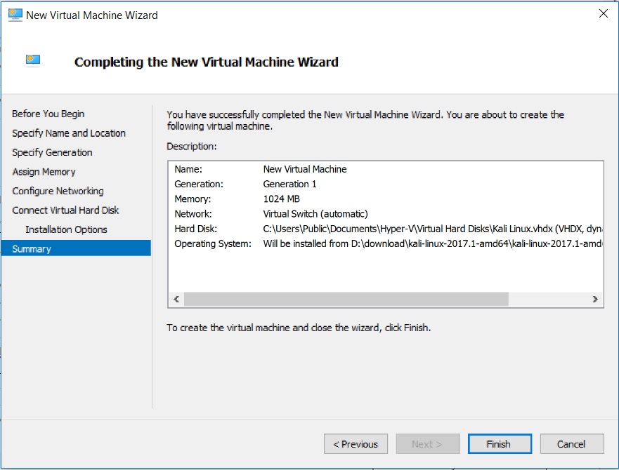 Hyper V Manager - New Virtual machine Wizard - Completing the New Virtual Machine Wizard dialog box screenshot