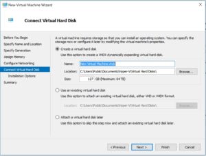 Hyper V Manager - New Virtual machine Wizard - Connect Virtual hard Disk dialog box screenshot