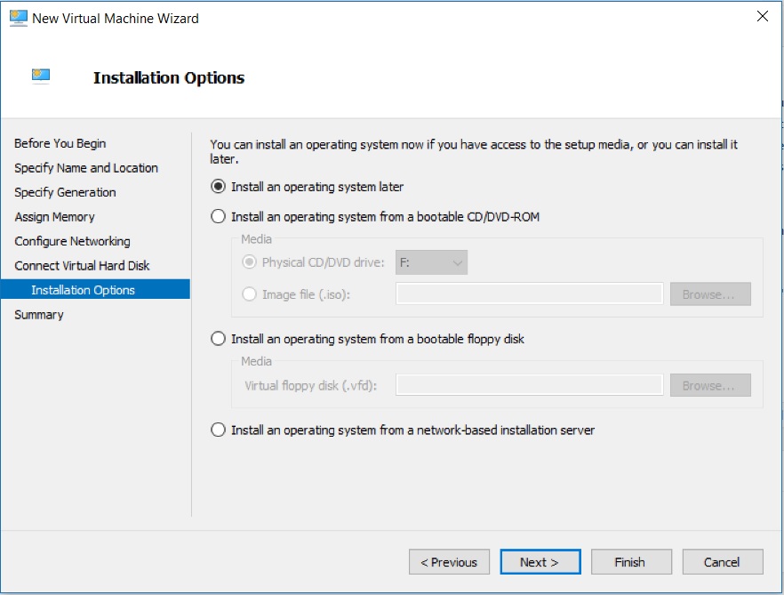 Hyper V Manager - New Virtual machine Wizard - Installation Options dialog box screenshot