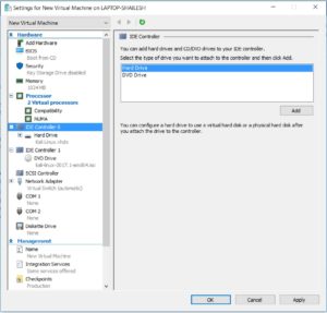 Hyper V Manager - Virtual Machine Settings - IDE Controller