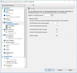 Hyper V Manager - Specify Processors for Virtual machine