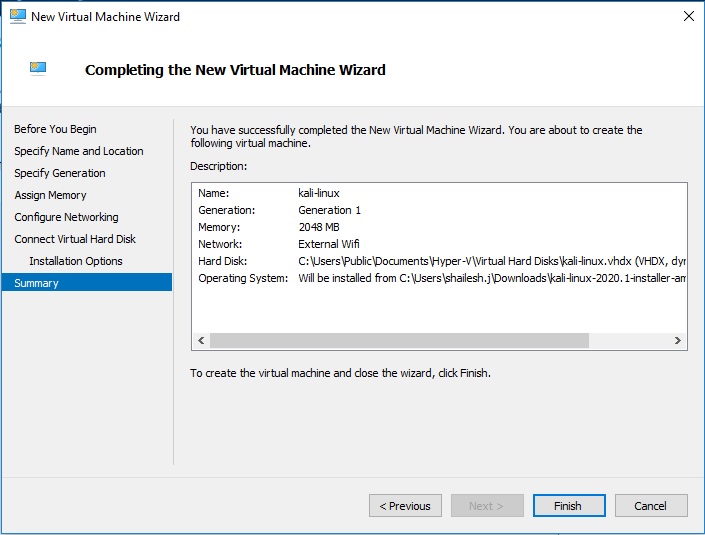 Hyper V Manager - New Virtual machine Wizard - Completing the New Virtual Machine Wizard dialog box screenshot