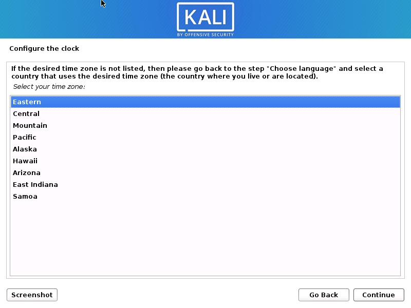 Install Kali Linux 2020 - Configure Clock Screenshot