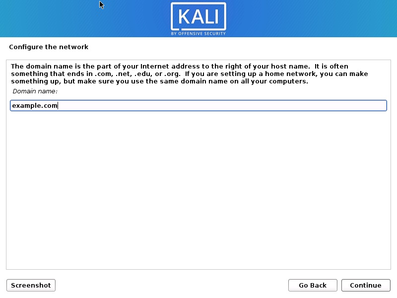  Install Kali Linux 2020 - Configure the Network- Enter Domain Name Screenshot