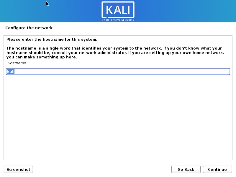 Install Kali Linux 2020 - Configure the Network Screenshot