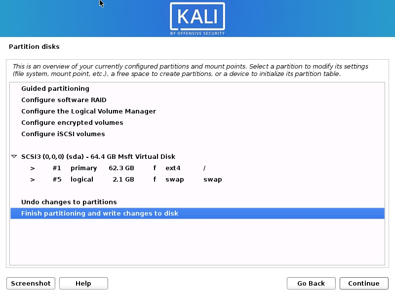 Install Kali Linux 2020 - Disk Partition Overview Screenshot