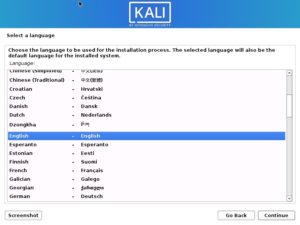 Install Kali Linux 2021 - Select a Language Screenshot