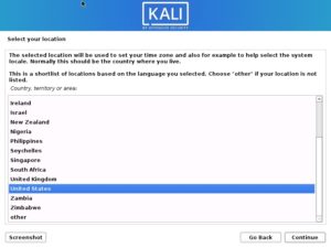 Install Kali Linux 2021 - Select Location Screenshot
