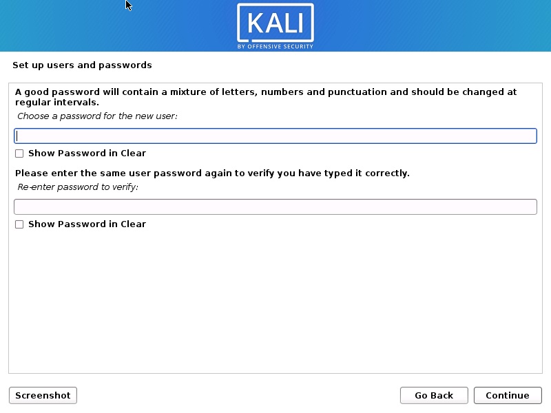 Kali Linux Installation - set user password