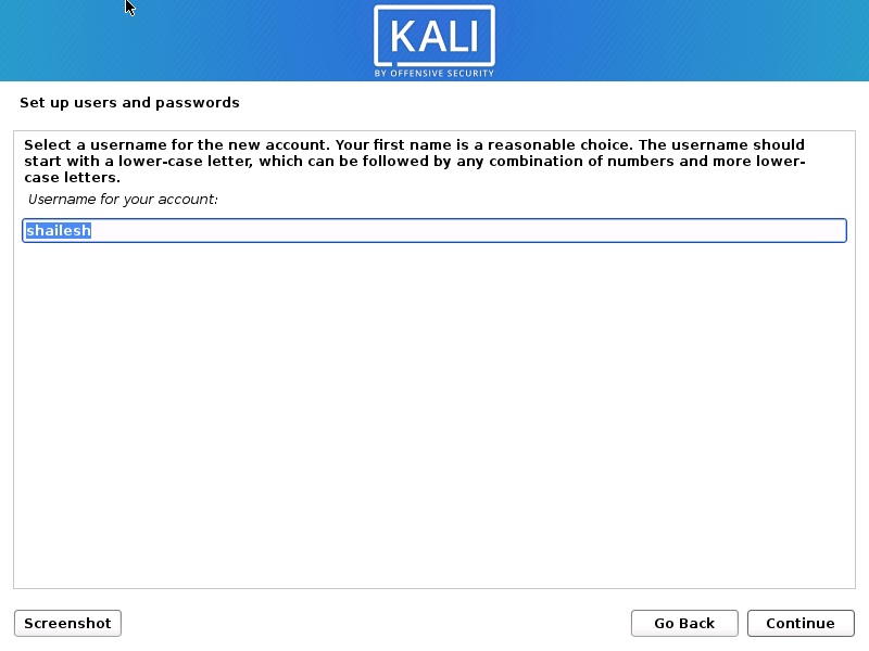 Install Kali Linux 2020 - Set up Users name Screenshot