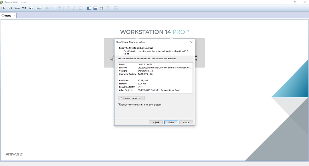 VMware workstation home create a new virtual machine wizard ready to create virtual machine dialogbox screenshot