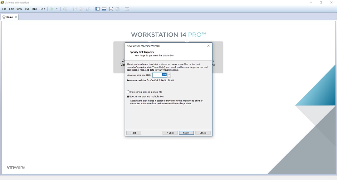 VMware workstation home create a new virtual machine wizard specify disk space screenshot