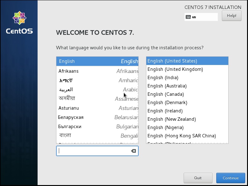 CentOS setup choose language