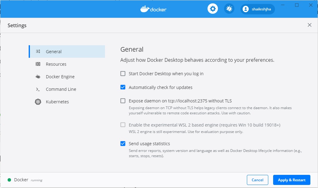 Docker Desktop settings