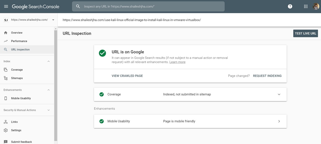 Google Search Console - Index URL confirmation