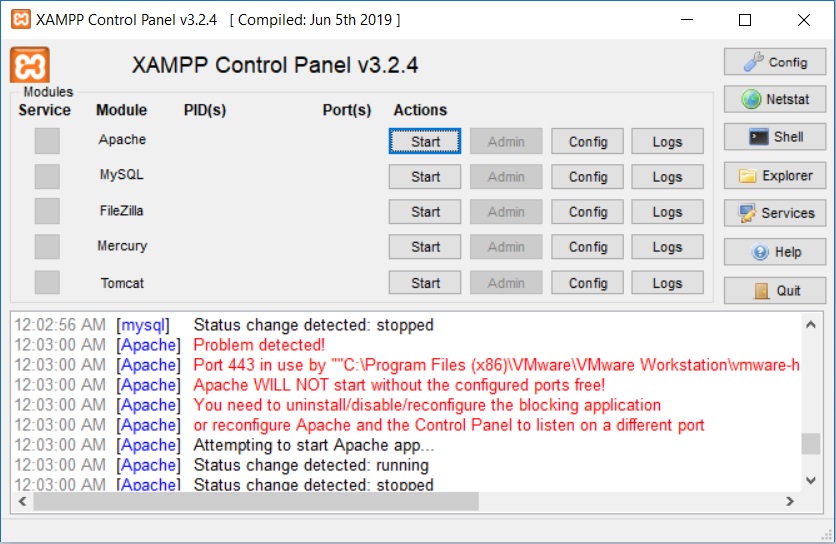 XAMPP Control panel displaying issues