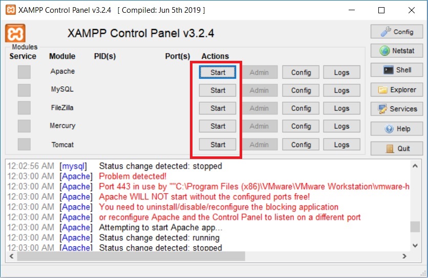 XAMPP Control Panel - Start Service