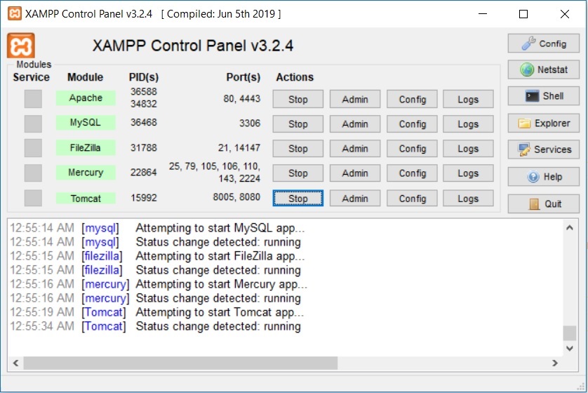 XAMPP Control Panel - Services Running