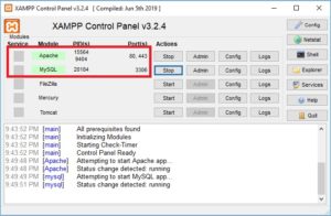 XAMPP Control - Apache and MYSQL running