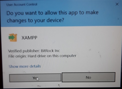 XAMPP installation on Windows 10 - User Access Control Screenshot