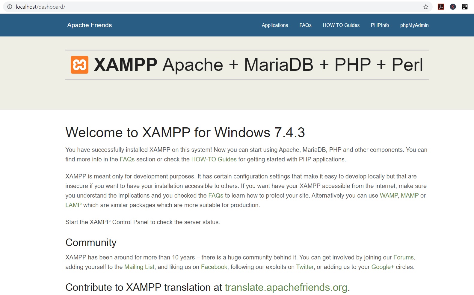 XAMPP localhost page in Browser