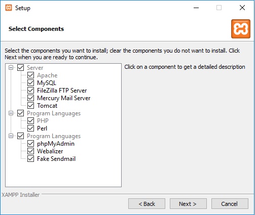 XAMPP installation on Windows - Select Component