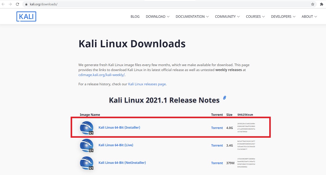 Kali Linux official download page