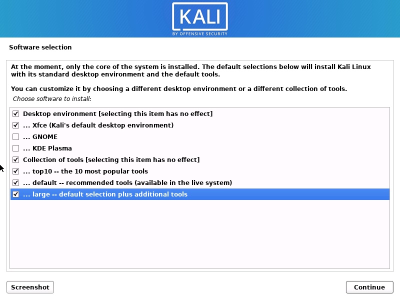 Kali Linux 2021 installation - Software selection
