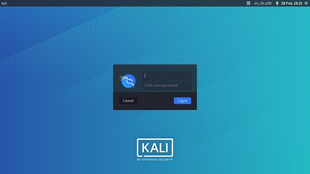 Kali Linux login screen