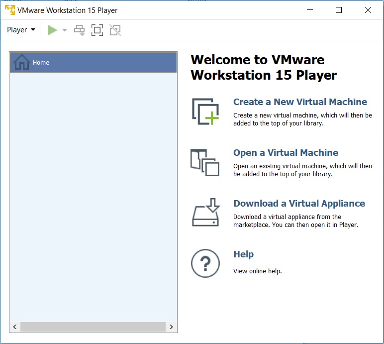 VMware Player 15 home screen