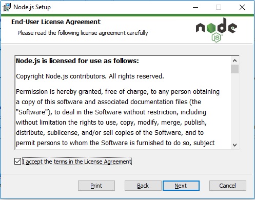 NodeJS installation - End user agreement screenshot