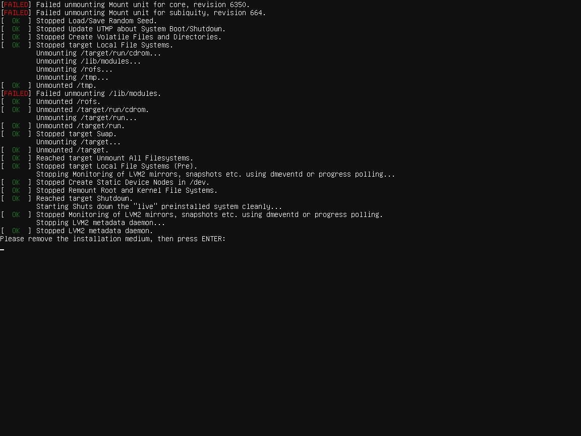 Ubuntu Server installation - Reboot - Remove installation  media